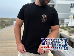 N-7 - *RTS* 8/29* Adult ~ American Flag Skull 3-4” Chest/Pocket ~ NEW SOFT LOW HEAT FORMULA  Full Color Screen Print Transfer - NYMD EXCLUSIVE