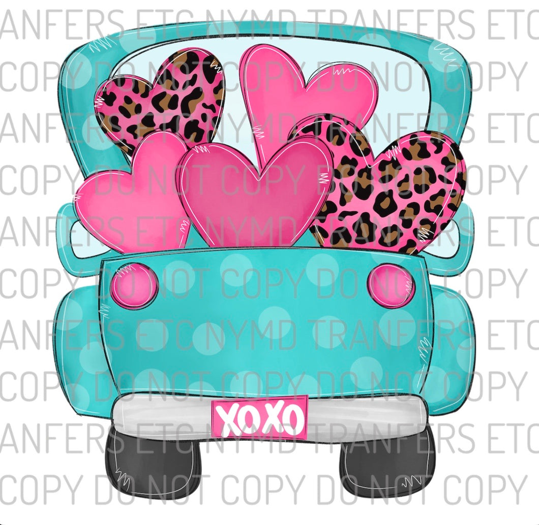 Truck with Hearts Leopard Pink Aqua Ready To Press Sublimation Transfer