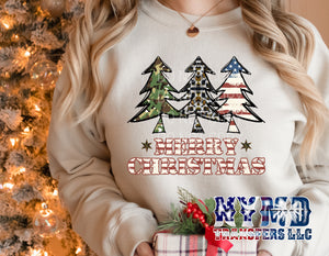 B-13 - *RTS* 11/24* Adult ~ Patriotic Merry Christmas Trees ~ NEW SOFT LOW HEAT FORMULA  Full Color Screen Print Transfer