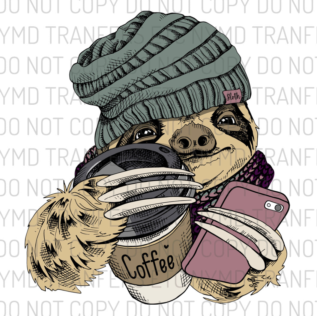 Sloth With Coffee And Phone Ready To Press Sublimation Transfer