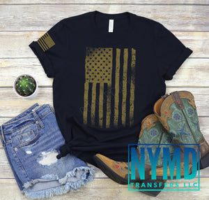 L-3 - *RTS* Adult ~ Distressed American Flag ~ Vegas Gold Ink Screen Print Transfer - NYMD EXCLUSIVE