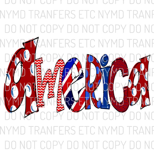 America Doodle Letters Ready To Press Sublimation Transfer