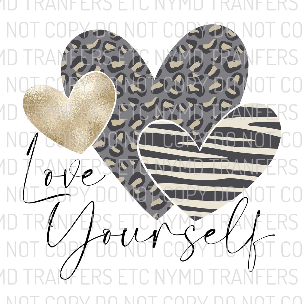 Love Yourself Gold Leopard Hearts Ready To Press Sublimation Transfer