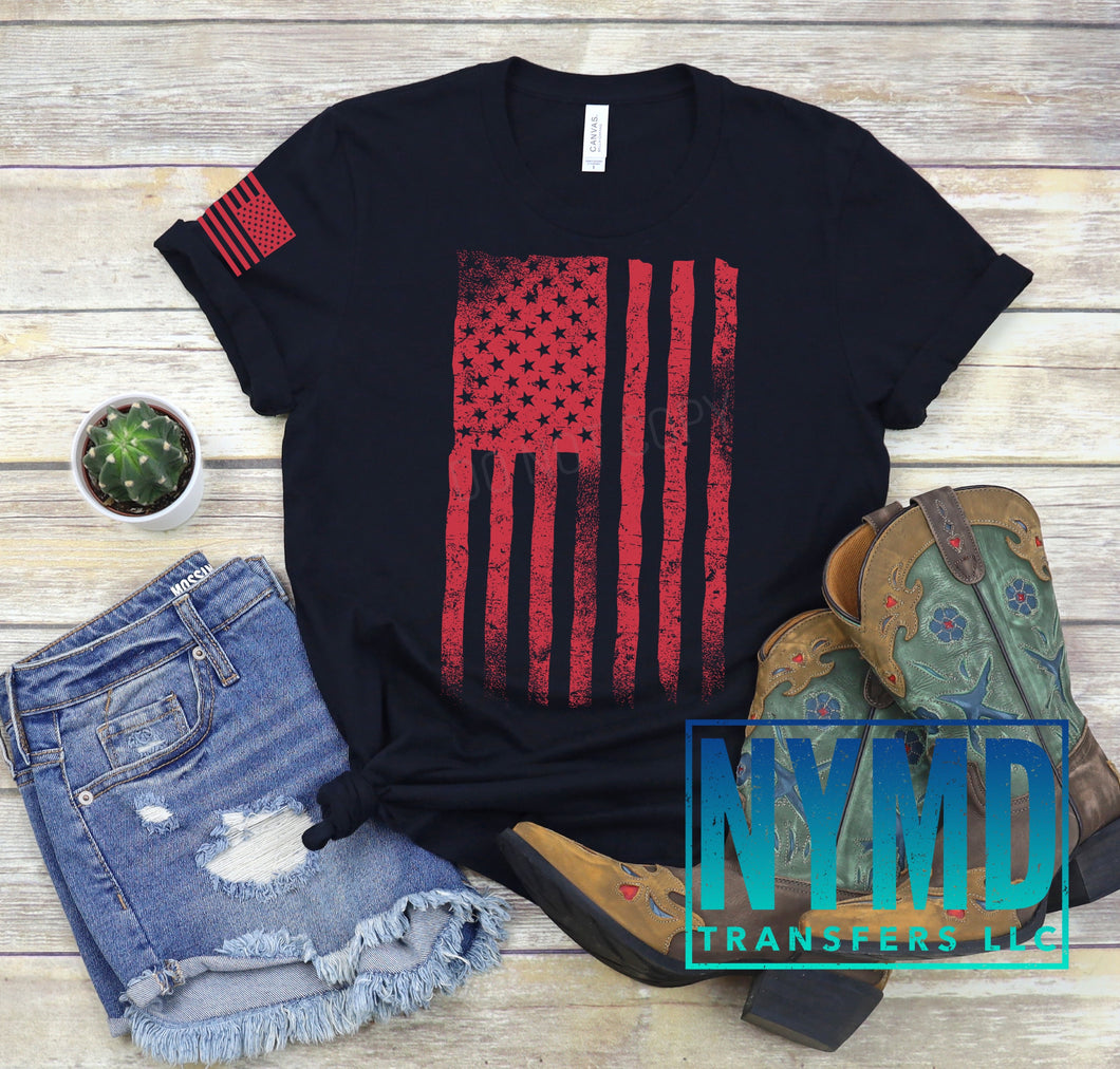 F-2 - RESTOCK *RTS*  Adult ~ Distressed American Flag ~ Fire Red Ink Screen Print Transfer - NYMD EXCLUSIVE