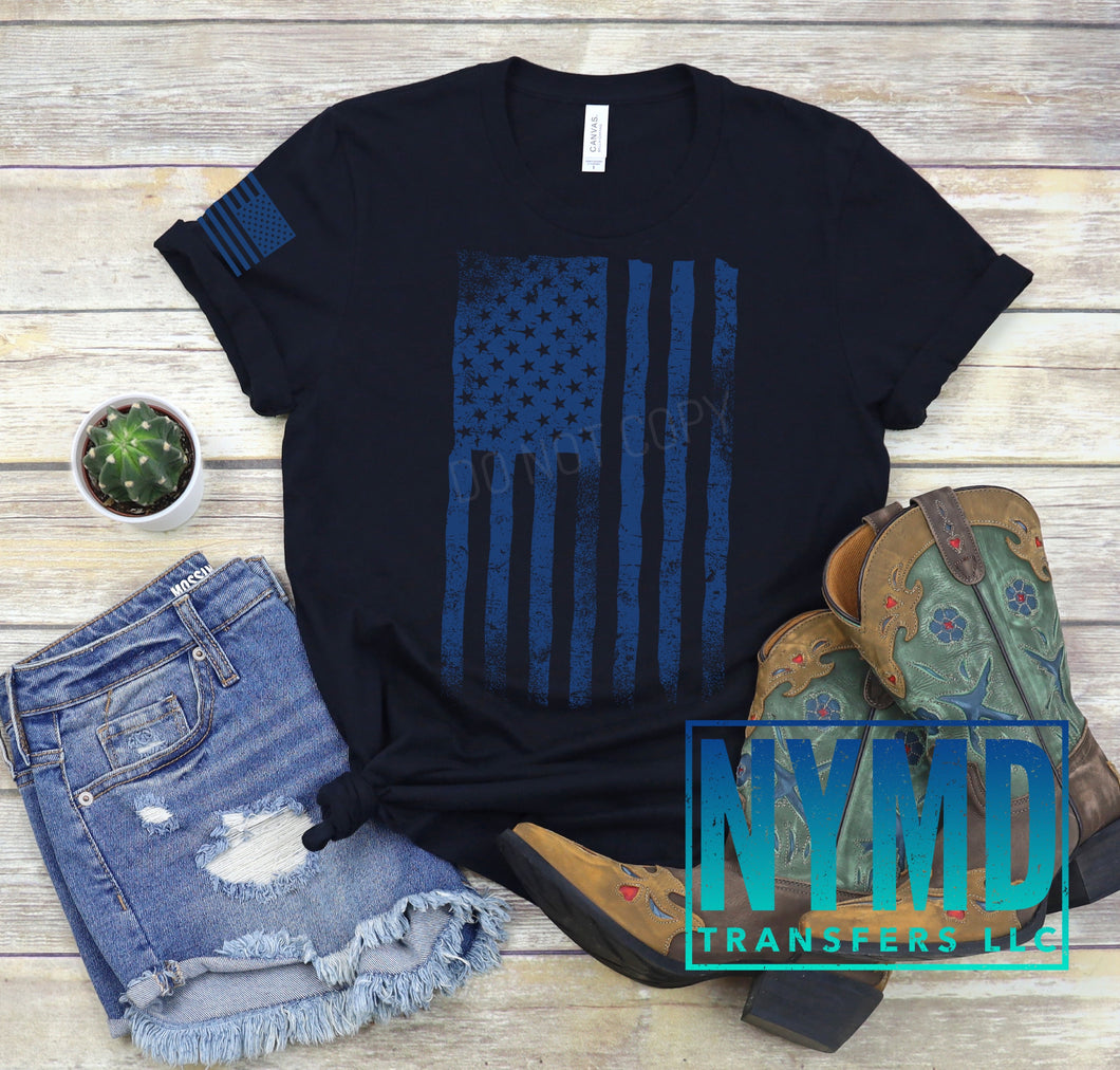 F-5 - RESTOCK *RTS*  Adult ~ Distressed American Flag ~ Royal Blue Ink Screen Print Transfer - NYMD EXCLUSIVE