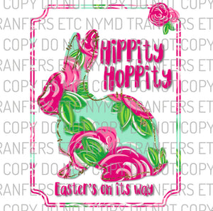 Hippity Hoppity Easter’s On It’s Way Floral Bunny With Frame Ready To Press Sublimation Transfer