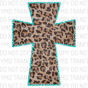 Cross Leopard Teal Glitter Trim Ready To Press Sublimation Transfer