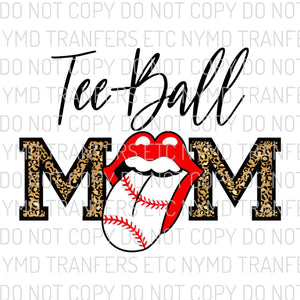 Leopard Tee-Ball Mom Red Lips Baseball Tongue Ready To Press Sublimation Transfer